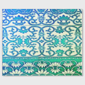 Papier Cadeau Floral chinois en bleu-vert (Plat)