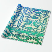 Papier Cadeau Floral chinois en bleu-vert (Déroulé)