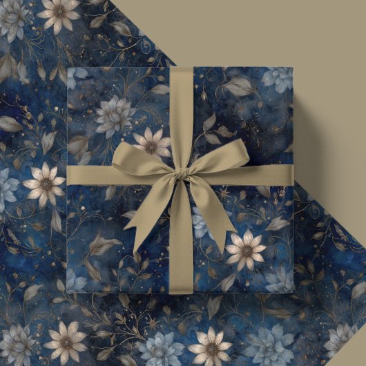 Papier Cadeau Floral Christmas Midnight Blue and Cream Gift 