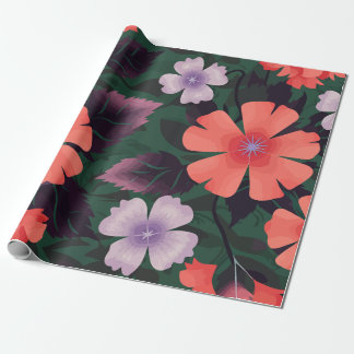 Papier Cadeau Floral corail et violet avec Feuilles foncés