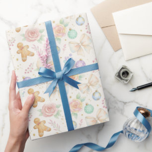 Papier Cadeau Floral de Noël Pastel & Rubans