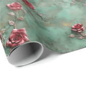 Papier Cadeau Floral de Roses rouges vertes (Coin rond)
