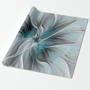 Papier Cadeau Floral Fractal Moderne Fleur Abstrait gris bleu