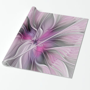 Papier Cadeau Floral Fractal moderne Fleur Abstraite rose gris