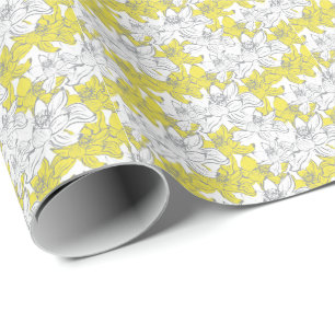 Papier Cadeau Floral gris jaune blanc