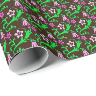 Papier Cadeau Floral jacobéen - rose, vert, chocolat