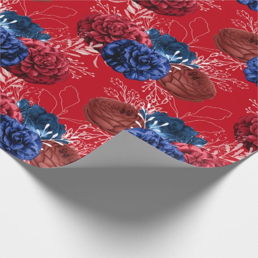 Papier Cadeau Floral rouge, blanc et bleu Motif américain (Coin)