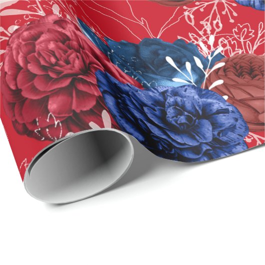 Papier Cadeau Floral rouge, blanc et bleu Motif américain (Coin rond)
