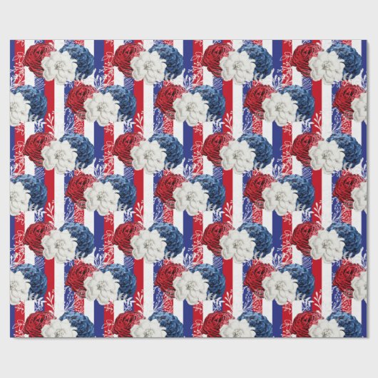 Papier Cadeau Floral rouge, blanc et bleu Motif américain (Plat)