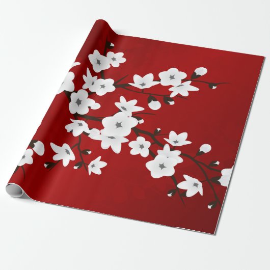 Papier Cadeau Floral Rouge Et Blanc Fleur De Cerisier (Déroulé)