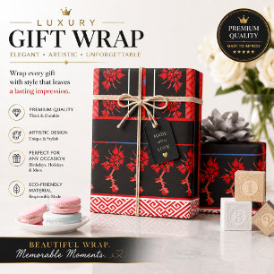 Papier cadeau floral rouge et noir