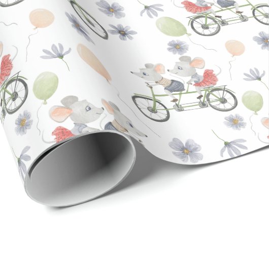 Papier Cadeau Floral Spring Mice On A Bike With Balloons Pattern (Coin rond)