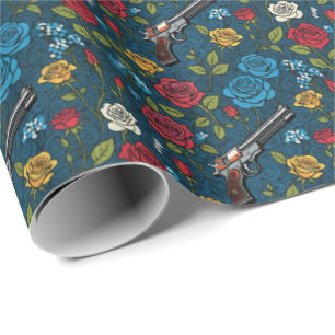 Papier Cadeau Floral vintage Revolver Avec Bleu foncé Rose
