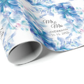 Papier Cadeau Flore bleu simple M & Mme Mariage (Coin rond)