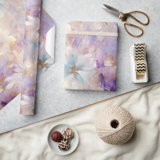 Papier Cadeau Flore bleu violet d'or blanc (Artisanat)