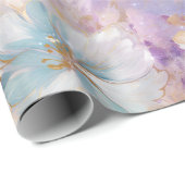 Papier Cadeau Flore bleu violet d'or blanc (Coin rond)