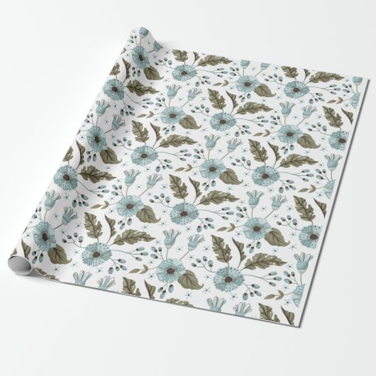 Papier Cadeau Flore bleue et verte (Déroulé)