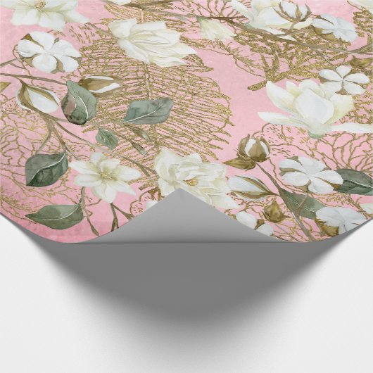 Papier Cadeau Flore chic de White Magnolia Rose Gold Ferns (Coin)