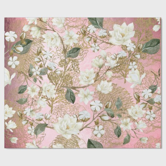 Papier Cadeau Flore chic de White Magnolia Rose Gold Ferns (Plat)
