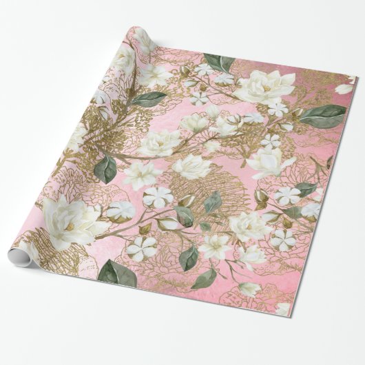 Papier Cadeau Flore chic de White Magnolia Rose Gold Ferns (Déroulé)