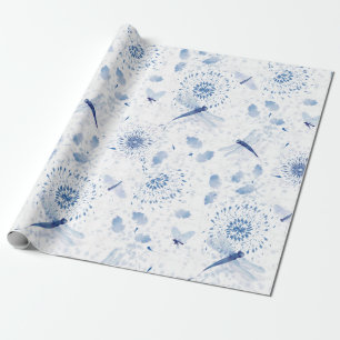 Papier Cadeau Flore de libellule de la Chinoiserie bleue