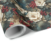 Papier Cadeau Flore de Noël aux fleurs blanches et verdure (Coin rond)