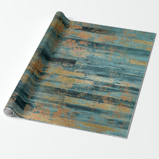 Papier Cadeau Flore d'or et bois rustique bleu
