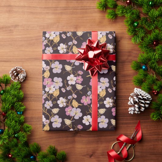 Papier Cadeau Flore et Oiseaux de traînée à Whimsical - Noir/Rou (Cadeau de vacances)