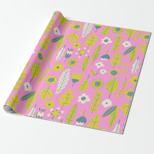 Papier Cadeau Flore folklorique scandinave rétro en rose