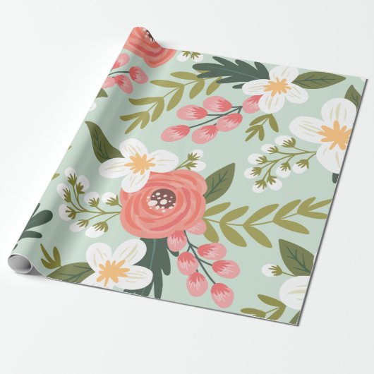 Papier Cadeau Flore folksy luxuriante dans le vert des menthe (Déroulé)