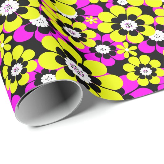 Papier Cadeau Flore néon brillant motif crammson et flux jaune (Coin rond)