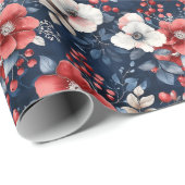 Papier Cadeau Flore rouge et blanc sur la Marine profonde (Coin rond)