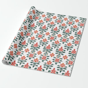 Papier Cadeau Flore rouge, orange et verte