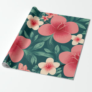 Papier Cadeau Flore tropicale avec Hibiscus rouge et crème