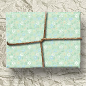 Papier Cadeau Flore verte douce avec Fleurs Bleues Jaunes Blance