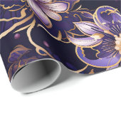 Papier Cadeau Flore violet foncé et or Faux (Coin rond)