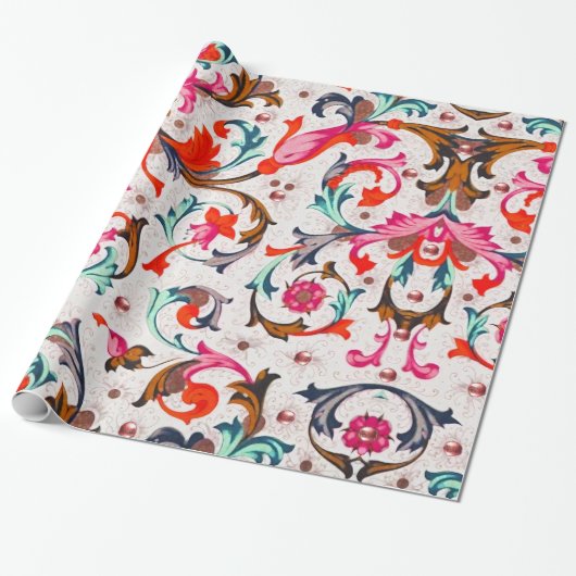 PAPIER CADEAU FLORENTINE RENAISSANCE ROUGE FLEURS, FLEURS (Déroulé)
