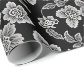 Papier Cadeau Flores de dentelle blanche sur noir (Coin rond)