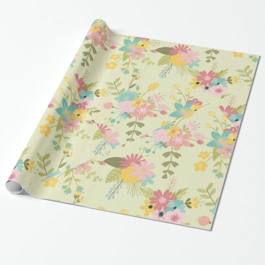 Papier Cadeau Flores vert rose jaune (Déroulé)