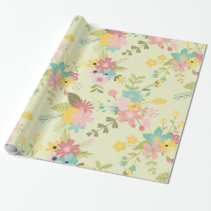 Papier Cadeau Flores vert rose jaune