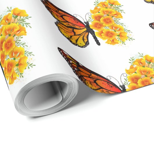Papier Cadeau Flower Butterfly with Yellow California Poppy (Coin rond)