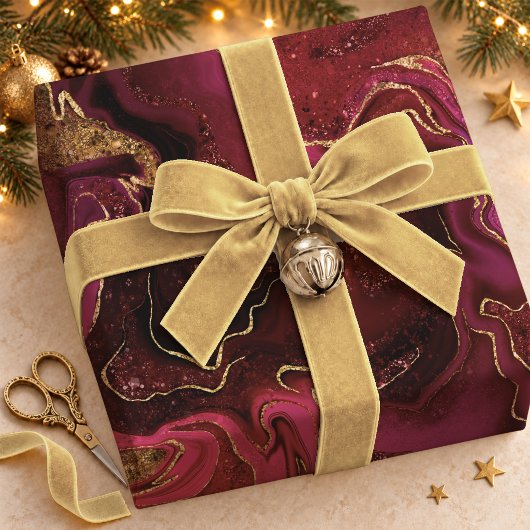 Papier Cadeau Fluid Red Gold Elégant Motif Marbre