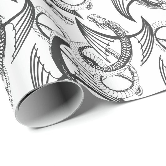 Papier Cadeau Flying Dragon in dark gray and white. (Coin rond)