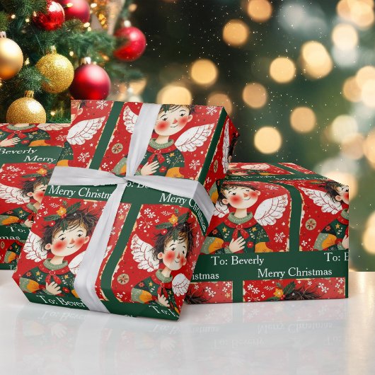 Papier Cadeau Folk-art Angel Add Recipients Name Christmas Roll