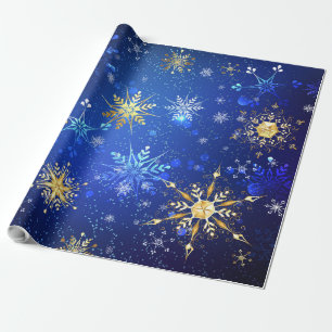 Papier Cadeau Fond bleu de Noël avec flocons de neige dorés
