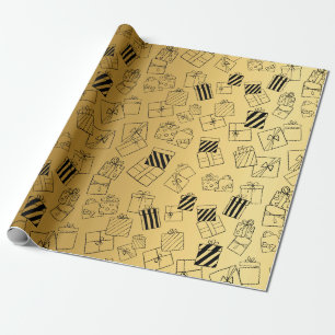 Papier Cadeau Fond doré mat Cerf, Bonhomme de neige & Cadeaux