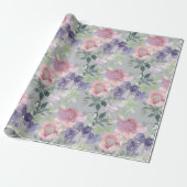 Papier Cadeau Fond gris floral pourpre rose (Déroulé)