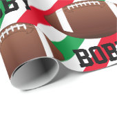 Papier Cadeau Football Noël Ajouter le nom Bande rouge & vert (Coin rond)
