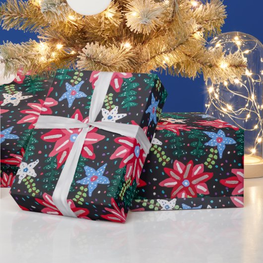 Papier Cadeau Foral rouge et noir (Vacances)