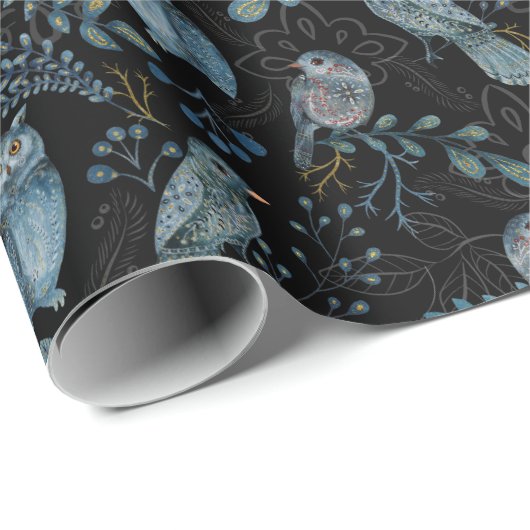 Papier Cadeau Forêt botanique Botanique Boisseau Bleu Chouette O (Coin rond)